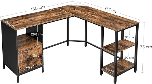 Bureau L - vormig - Computerbureau met 2 planken - Mappenlade - De Vries Meubels