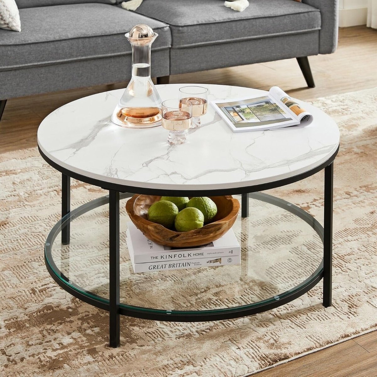 Salontafel met Marmerlook Tafelblad - Glazen Blad - Dubbele Ruimte - De Vries Meubels