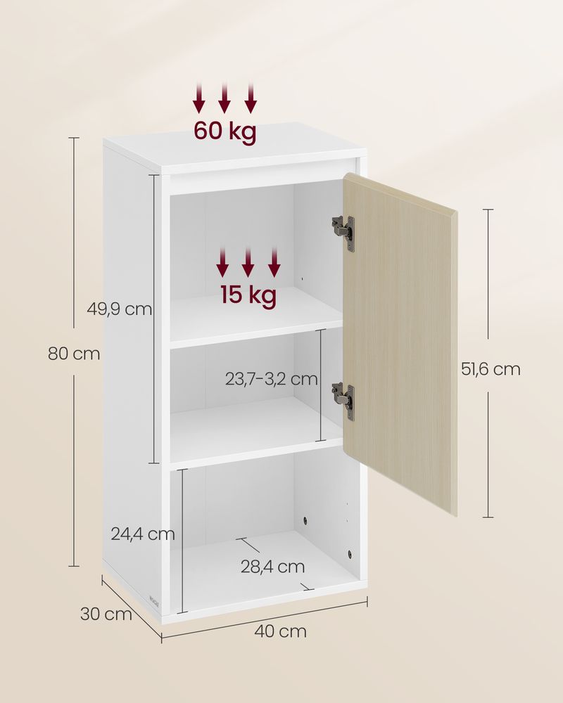 Wandkast voor de Badkamer – Wit & Natuurlijk Beige – 30 x 40 x 80 cm - De Vries Meubels