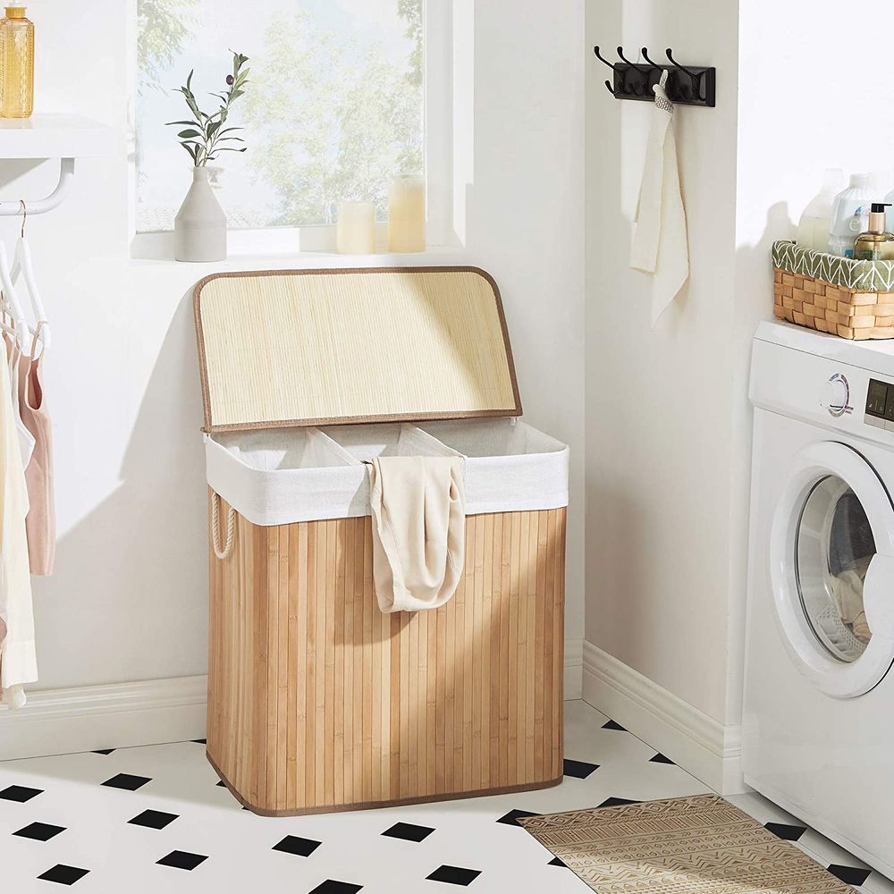 Bamboe Wasmand met Deksel en 3 Vakken - 150 Liter - De Vries Meubels