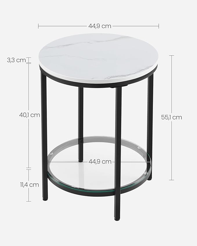 Bijzettafel Marmerlook - Nachtkastje met 2 niveaus - Gehard glas - Woonkamer - Slaapkamer - De Vries Meubels