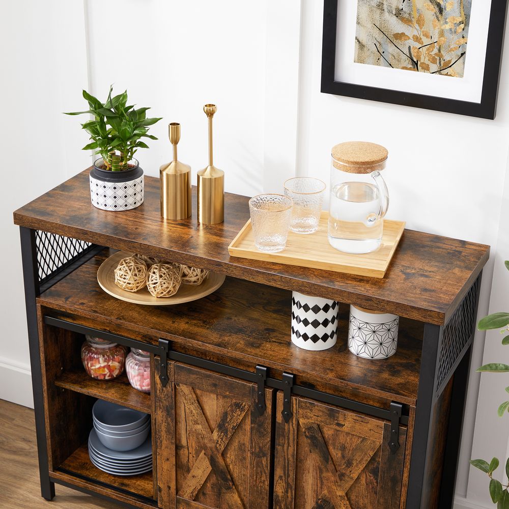 Dressoir met Schuifdeuren - Kast 100 cm breed - Vintage Bruin & Zwart - De Vries Meubels