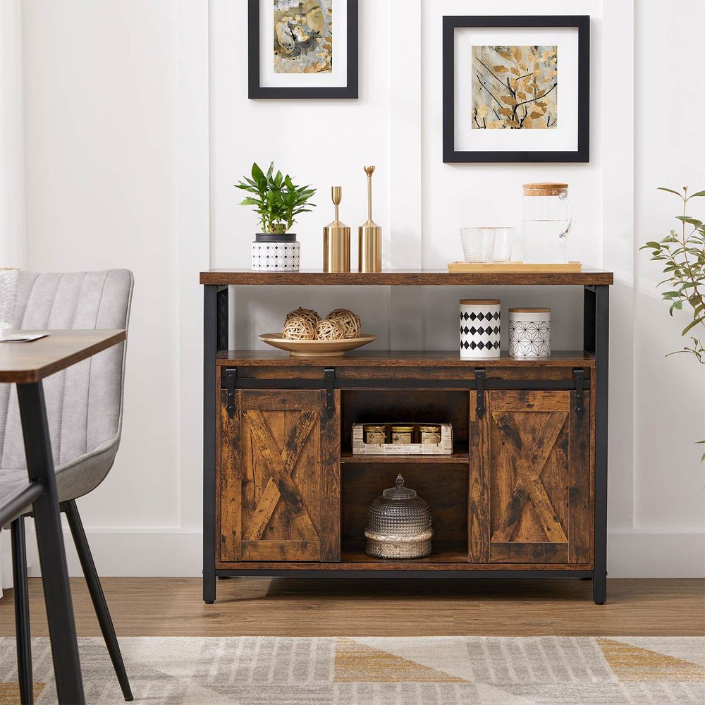 Dressoir met Schuifdeuren - Kast 100 cm breed - Vintage Bruin & Zwart - De Vries Meubels