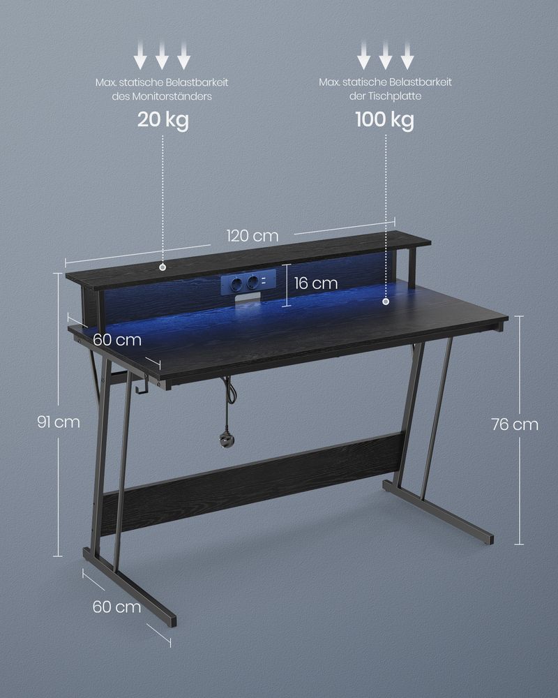 Gamebureau met LED - Gaming Tafel met Stopcontact en USB - aansluiting - De Vries Meubels