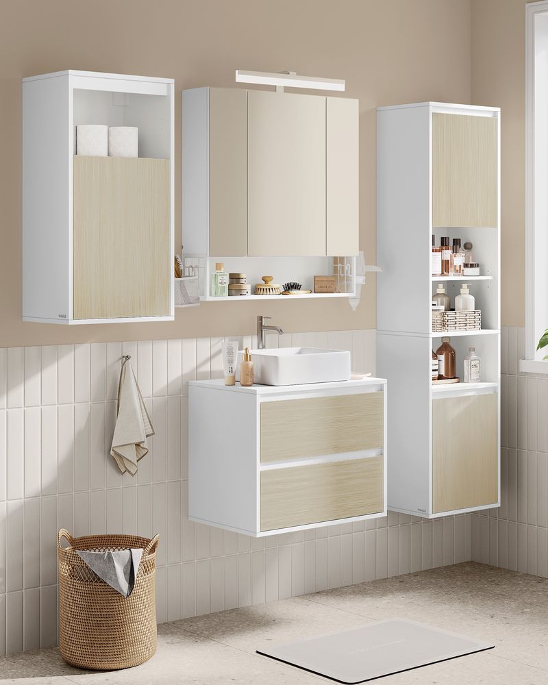 Hangende Badkamerkast – Wit & Natuurlijk Beige – 30 x 40 x 160 cm - De Vries Meubels