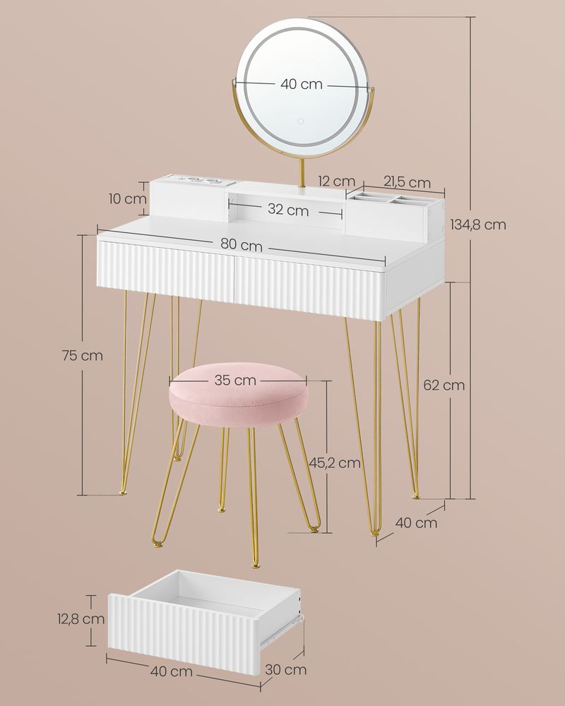 Kaptafel met Kruk - LED Verlichte Spiegel - Luxe Make - up Tafel - De Vries Meubels