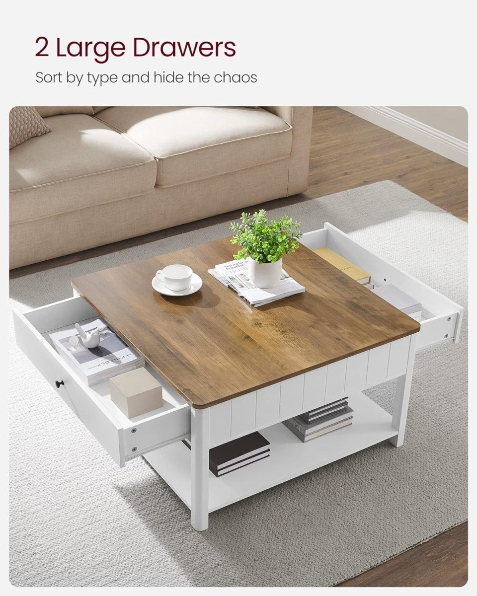 Salontafel met Lade - Bruin tafelblad - Wit onderstel - Koffietafel - 80 x 80 cm - De Vries Meubels